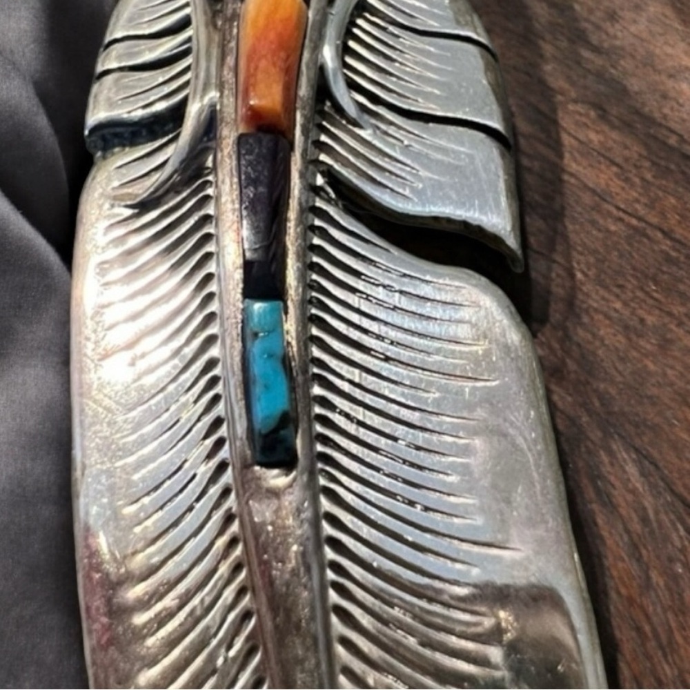 Vintage Christin Wolf feather stone inlay sterling silver pendant. 30+ years old - Picture 14 of 16